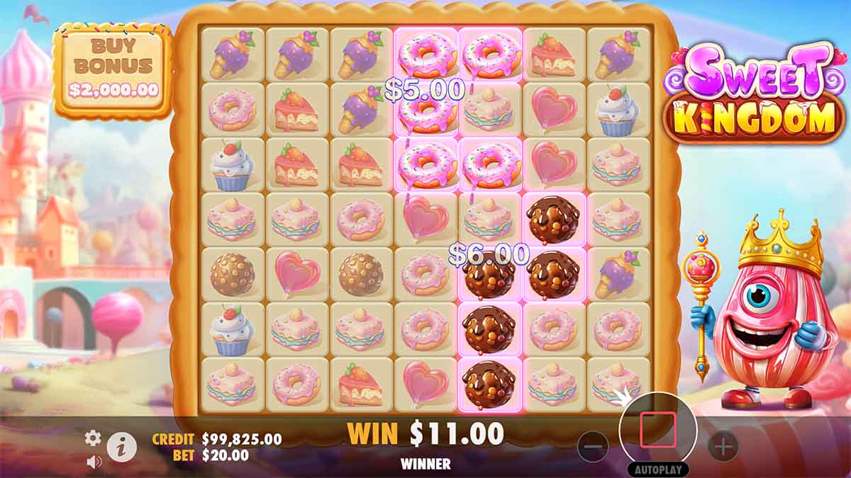 Sweet Kingdom slot game by Pragmatic Play, showing Win of 11.00