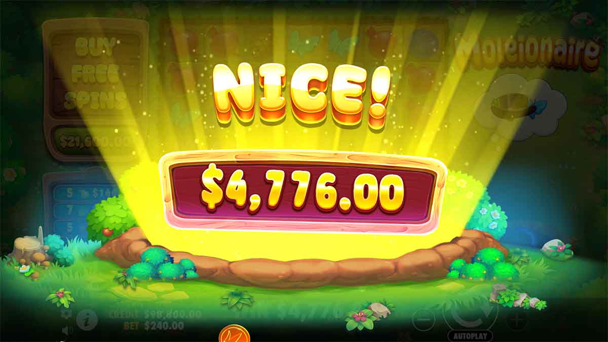 Moleionaire slot game by Pragmatic Play, showing Nice Win of 4,776