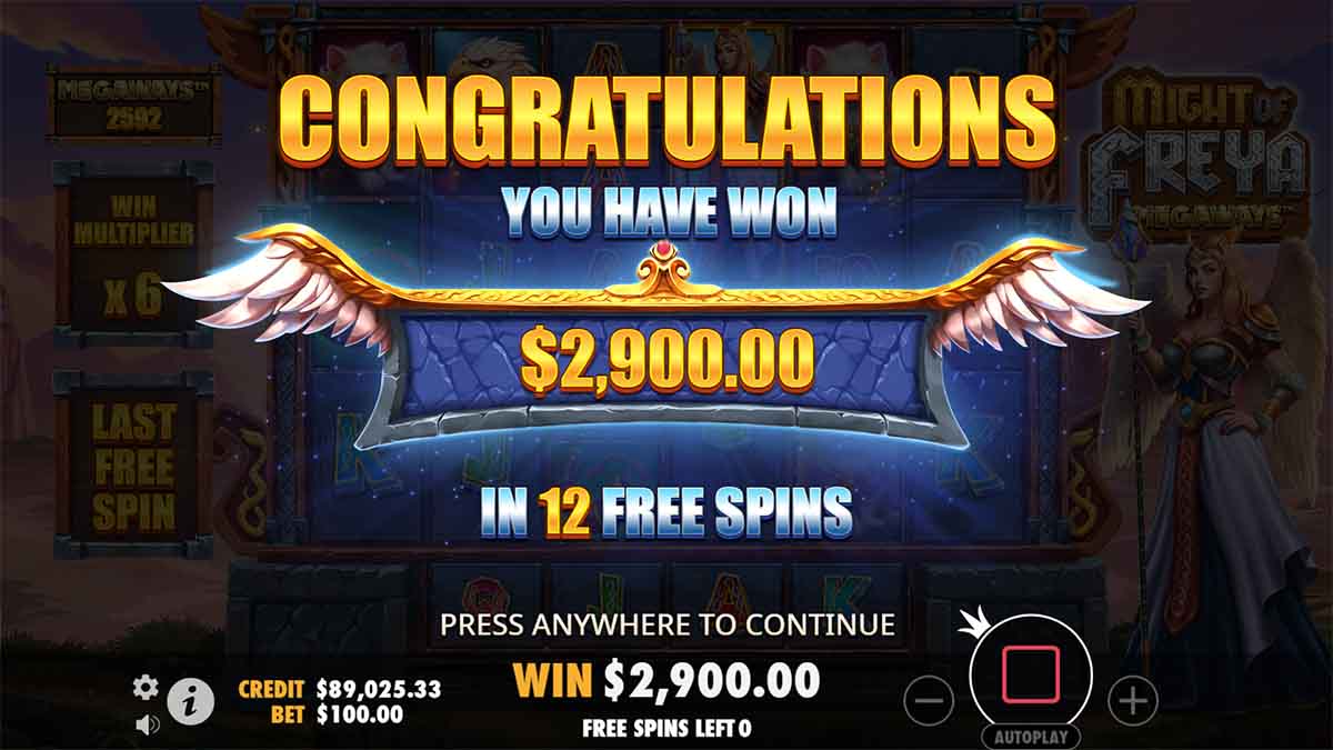 Might of Freya Megaways slot game by Pragmatic Play, showing Total Win of 2,900 from 12 Free Spins