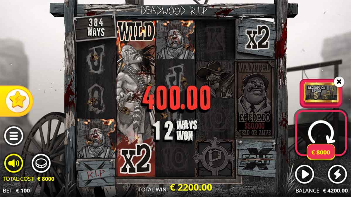 Deadwood RIP slot game by Nolimit City, showing Win of 400.00 from Free Spins