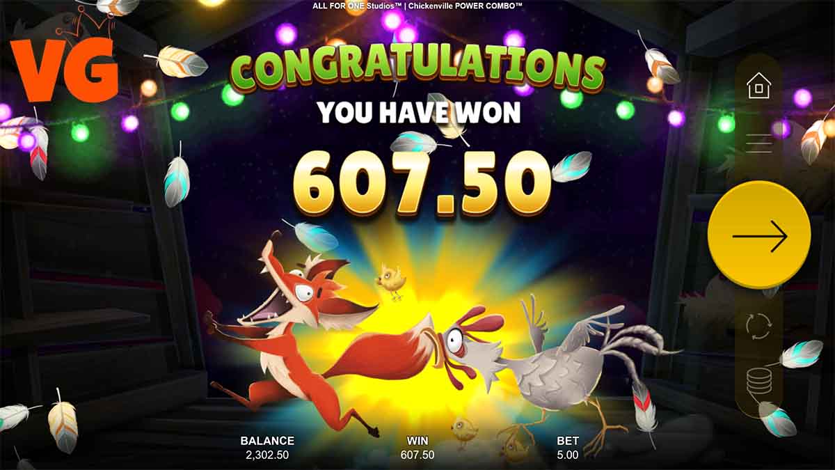 Chickenville Power Combo slot game by All For One Studios, 607.50 win