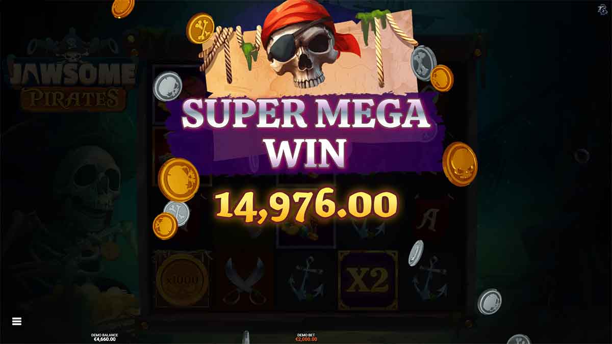 Jawsome Pirates slot game by Bullshark Games, 14976 Super Mega win