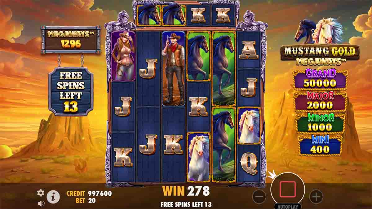 Mustang Gold Megaways slot game by Pragmatic Play, 278 win