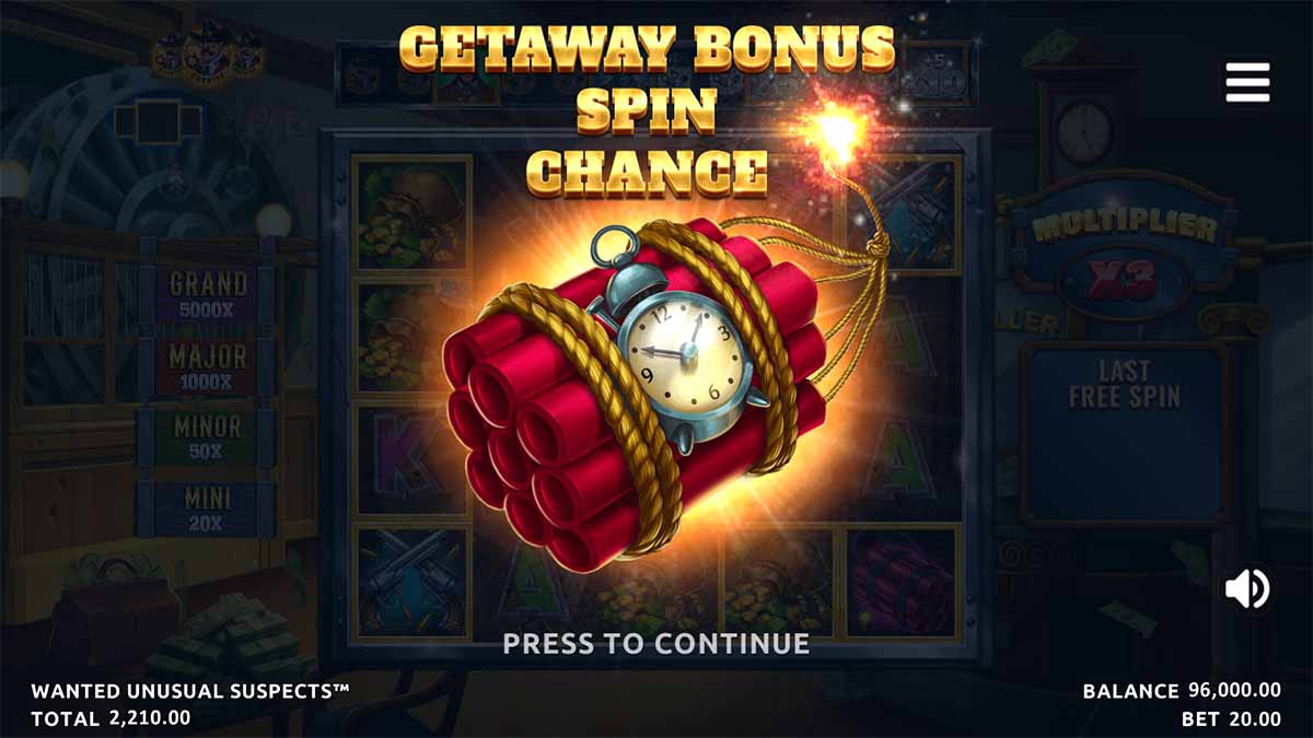 Wanted Unusual Suspects slot game by Northern Lights Gaming, showing Getaway Bonus Spin Change