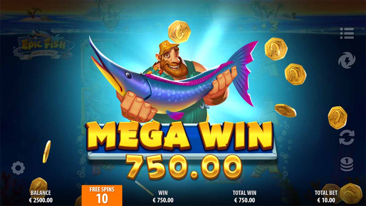 Epic Fish Adventure slot game by Quickspin showing Mega Win of €750