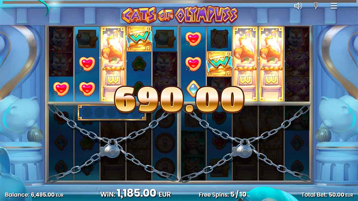 Cats of Olympuss slot game by Push Gaming, showing Winning Combination from Free Spins Round