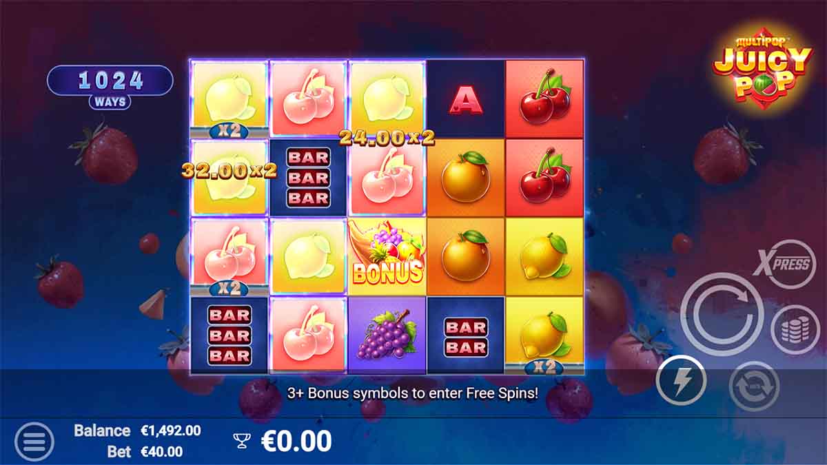 JuicyPop slot game by AvatarUX, showing Win of 112.00