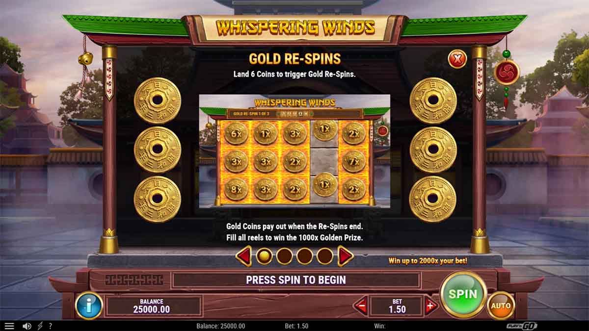 Whispering Winds slot game by Playn GO, Gold respins