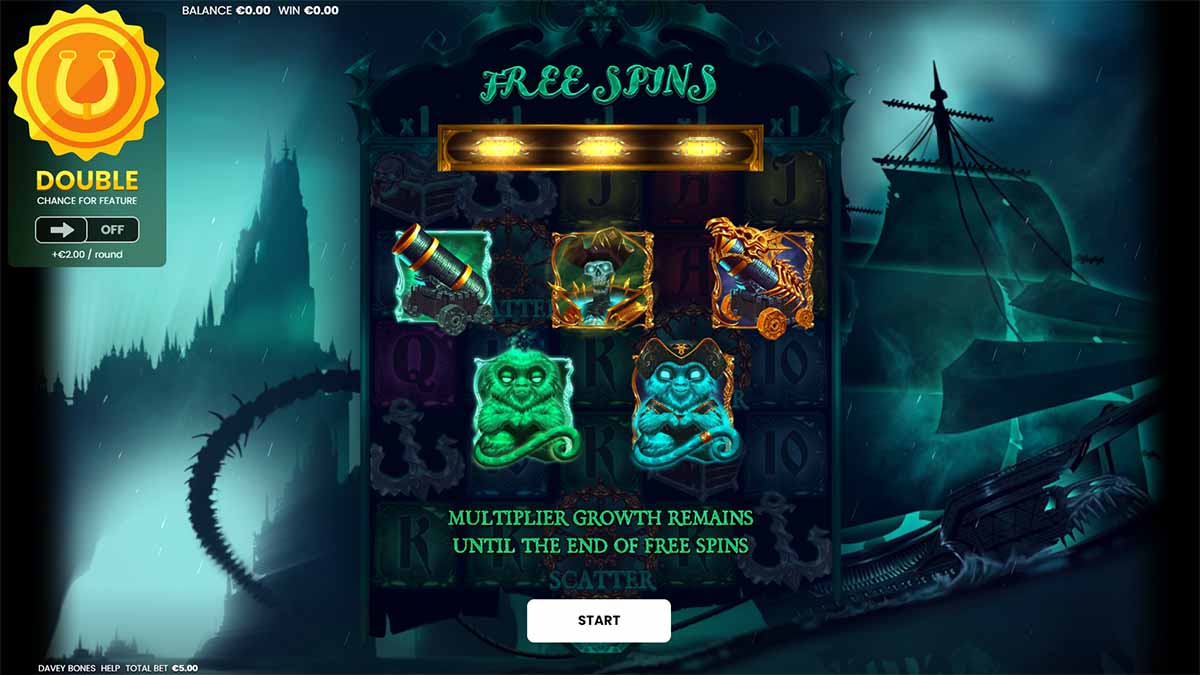 Davey Bones slot game by Octoplay showing win of Free Spins