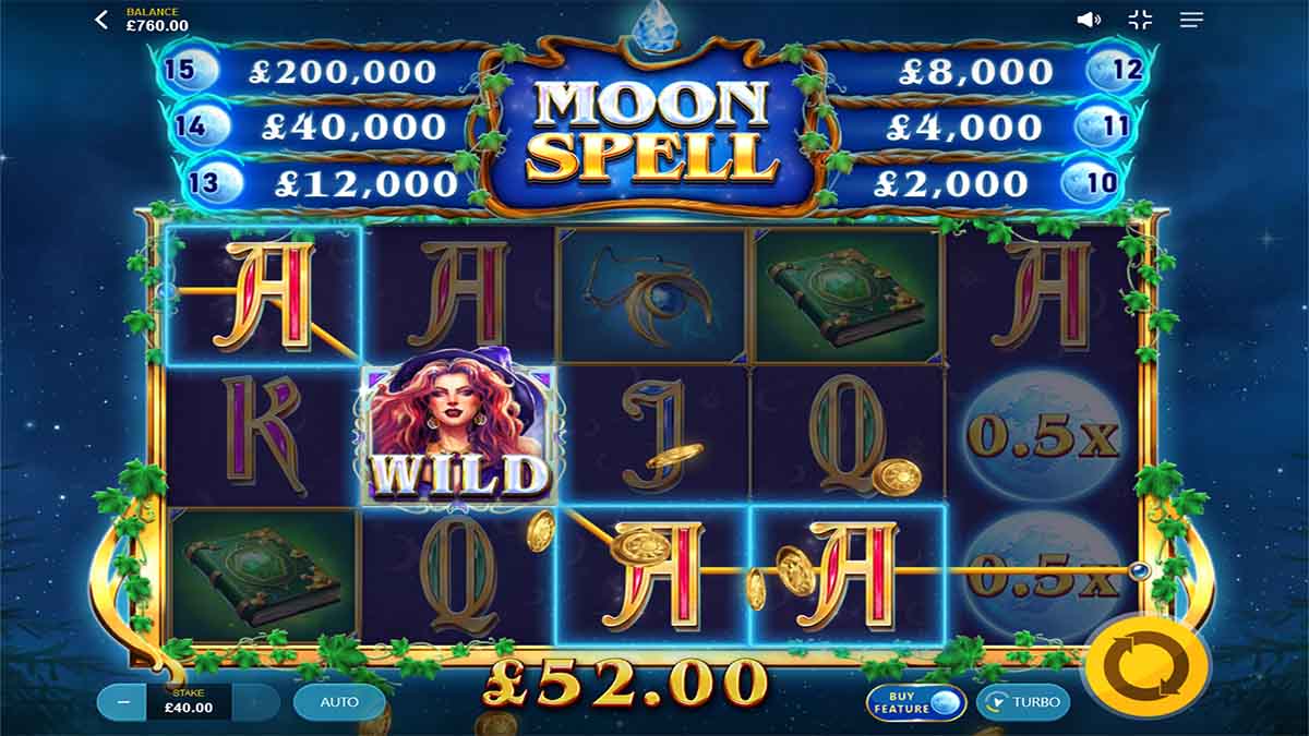 Moon Spell slot game by Red Tiger, showing Win of 52.00