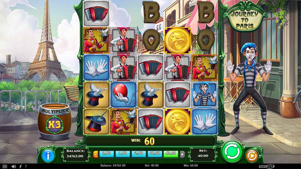 Journey to Paris slot game by Play'n  GO, showing Win of 60.00