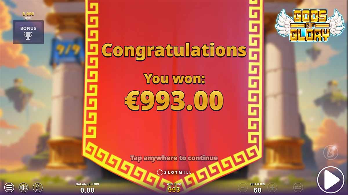 Gods of Glory slot game by Slotmill, showing Total Win of 993.00