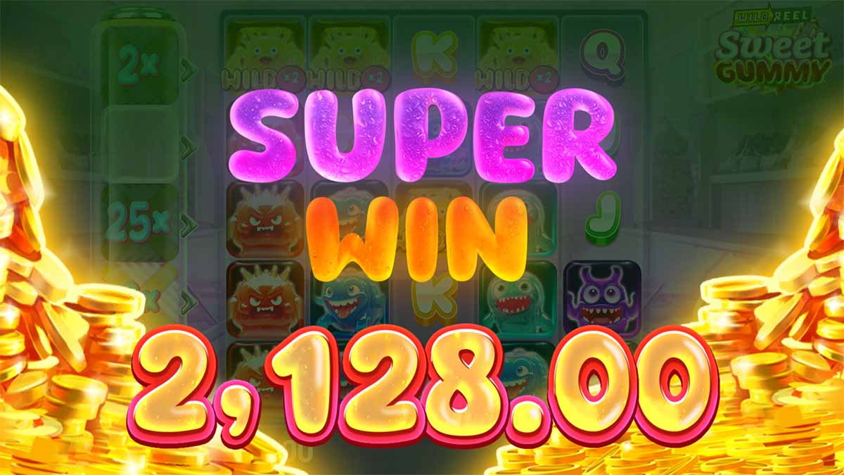 Sweet Gummy slot game by AvatarUX showing Super Win of €1,128