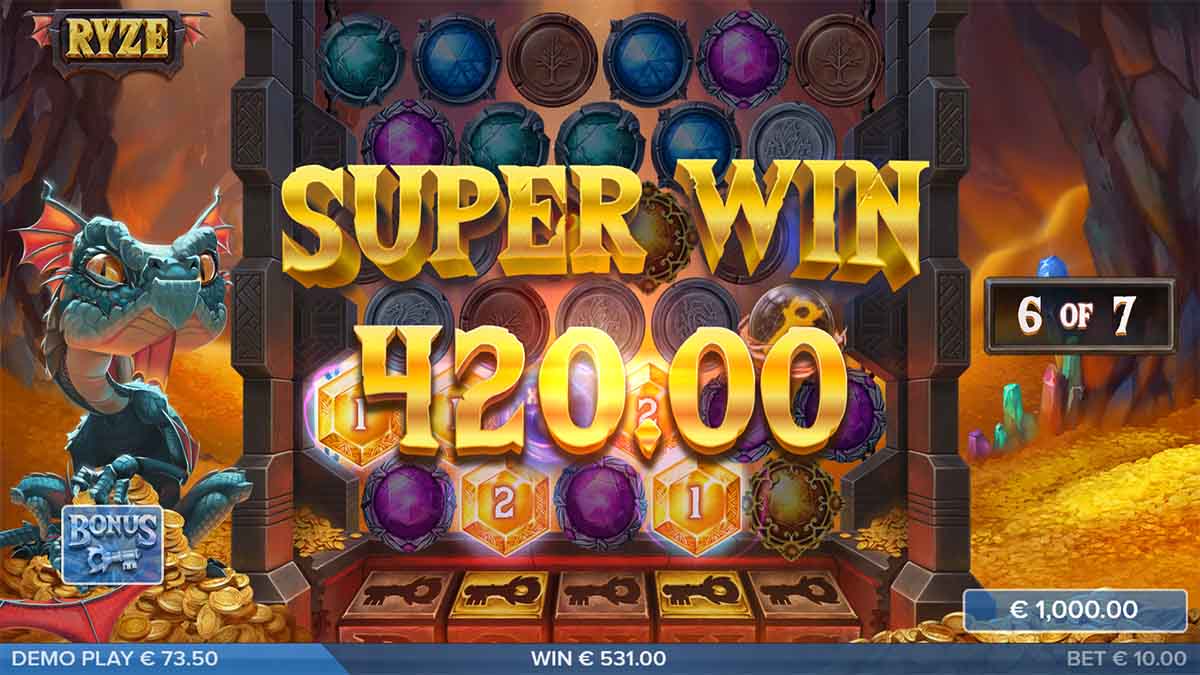 Ryze slot game by ELK Studios, showing Super Win from 7 Free Drops