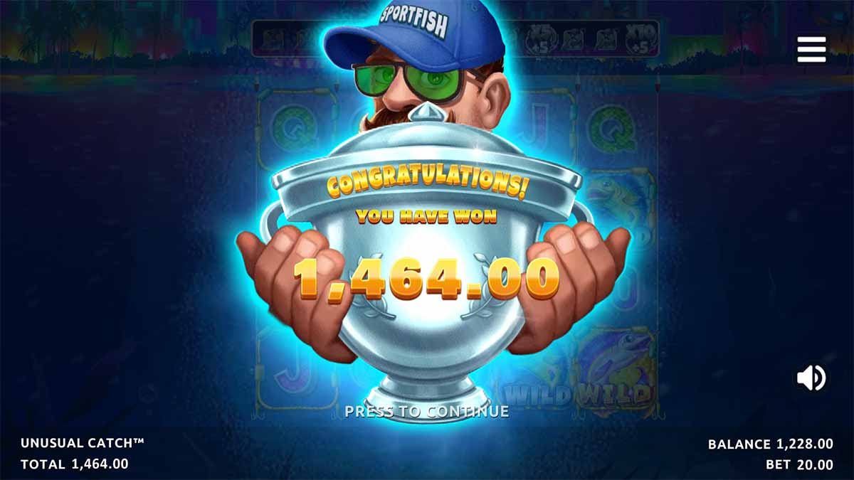 Unusual Catch Win slot game by Northern Lights Gaming, showing Total Win of 1,464.00