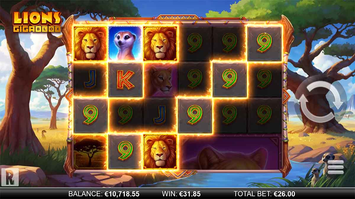 Lions GigaBlox slot game by ReelPlay, showing Win of 31.85