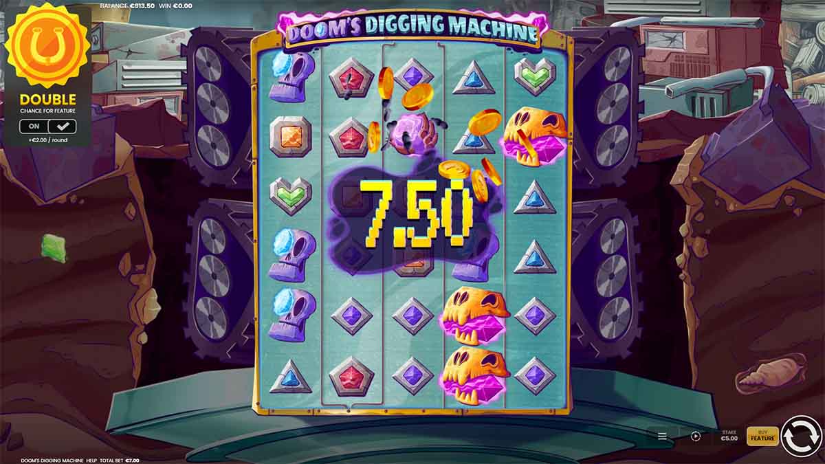 Doom's Digging Machine slot game by Octoplay, showing Win of 7.50