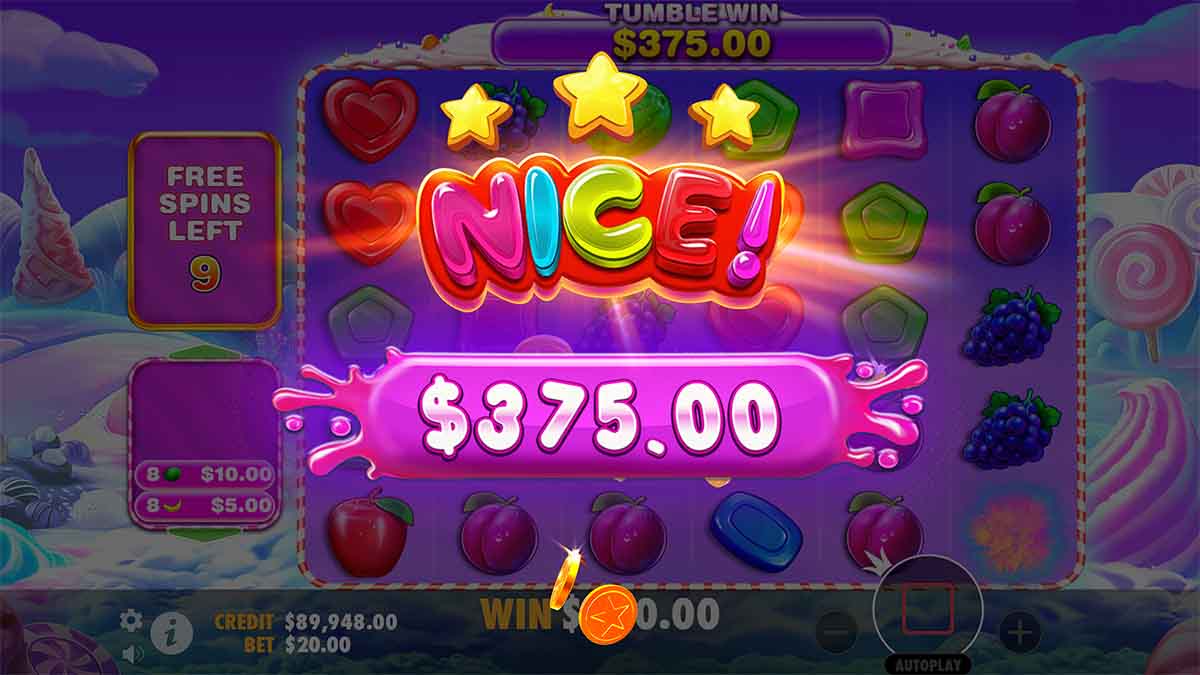 Sweet Bonanza 1000 slot game by Pragmatic Play, showing Nice Win of 375.00 from Free Spins