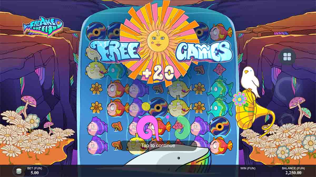 Freaked out Fish slot game by Blue Guru Games featurirng 20 free spins