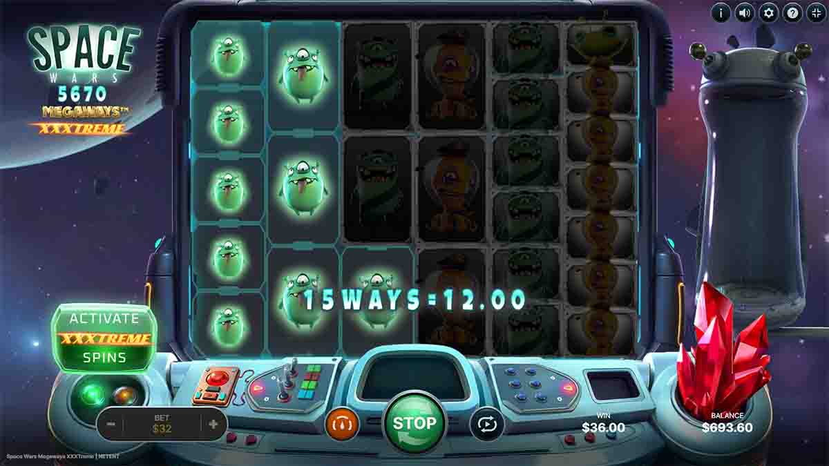 Space Wars XXXtreme Megaways slot game by NetEnt, €12.00 win