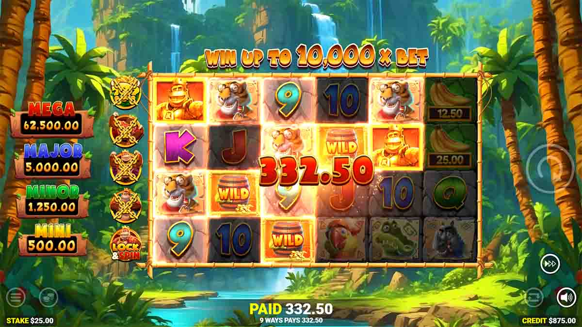 King Kong Cash Even Bigger Bananas 2 slot game by Blueprint Gaming, showing Win of 332.50