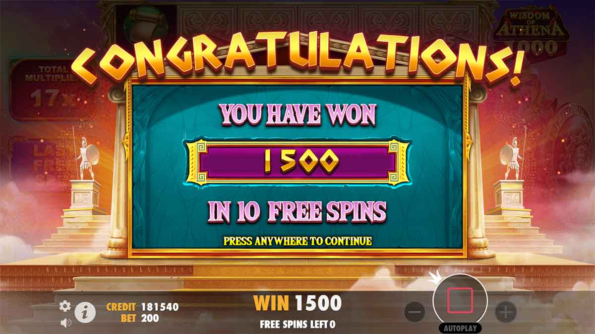 Wisdom of Athena 1000 slot game by Pragmatic Play showing win of 1500 in 10 free spins