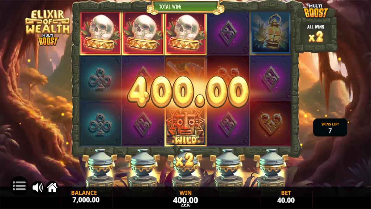 Elixir of Wealth slot game by Jelly, showing Win 400.00