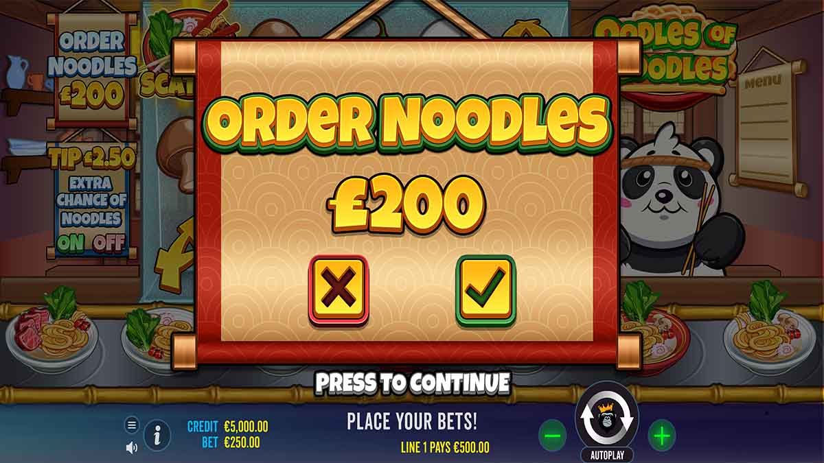 Oodles of Noodles slot game by Pragmatic Play, featuring order noodles for 200