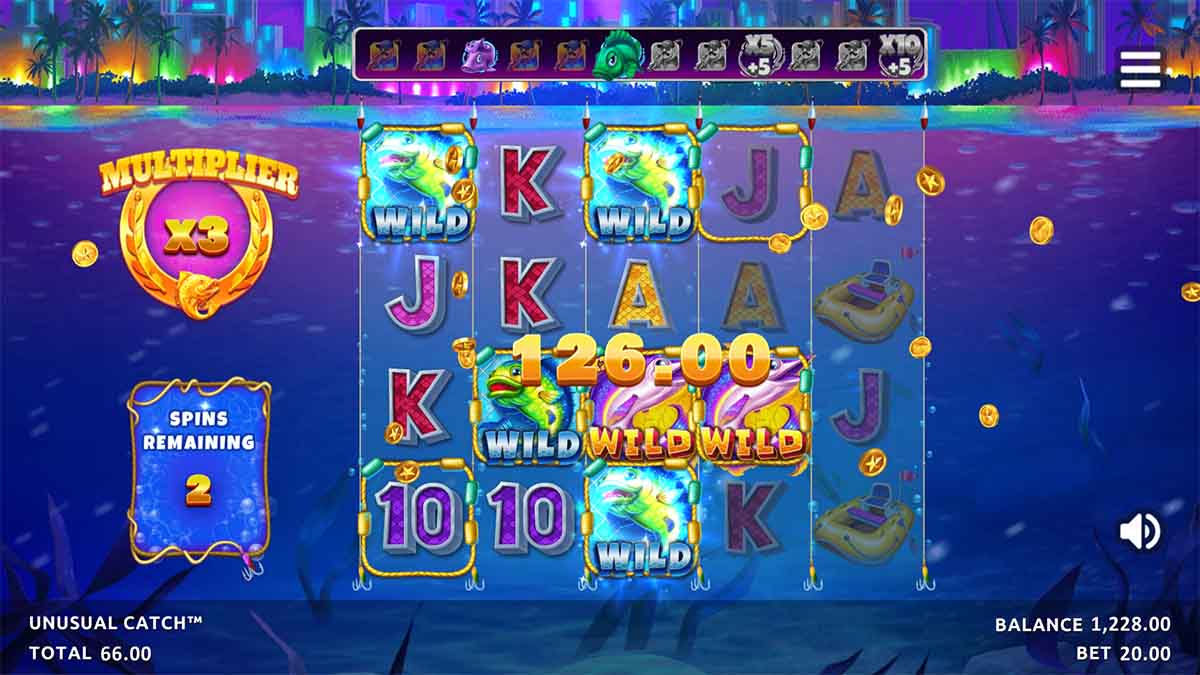 Unusual Catch Win slot game by Northern Lights Gaming, showing Win of 126.00