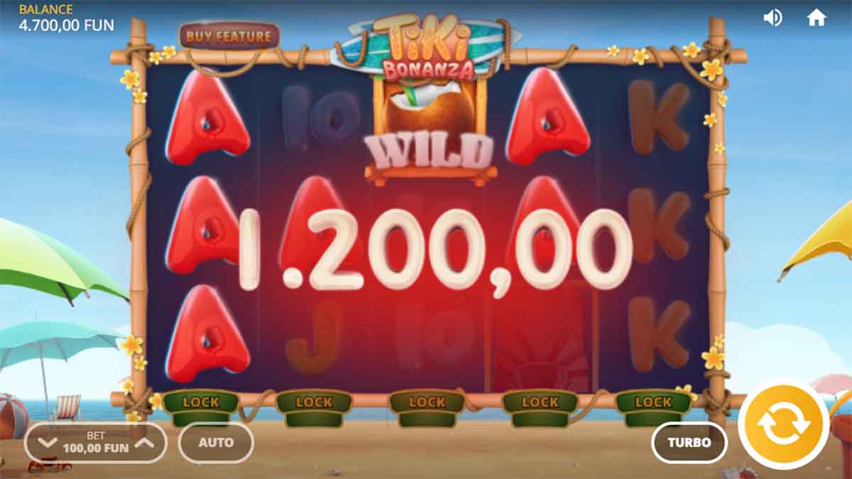 Tiki Bonanza slot game by Silverback Gaming, showing Win of 1,200