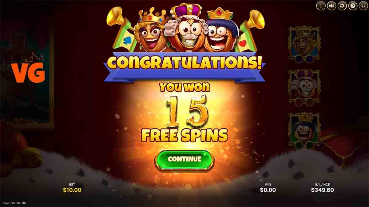 Royal Nuts slot game by Netent, 15 free spins