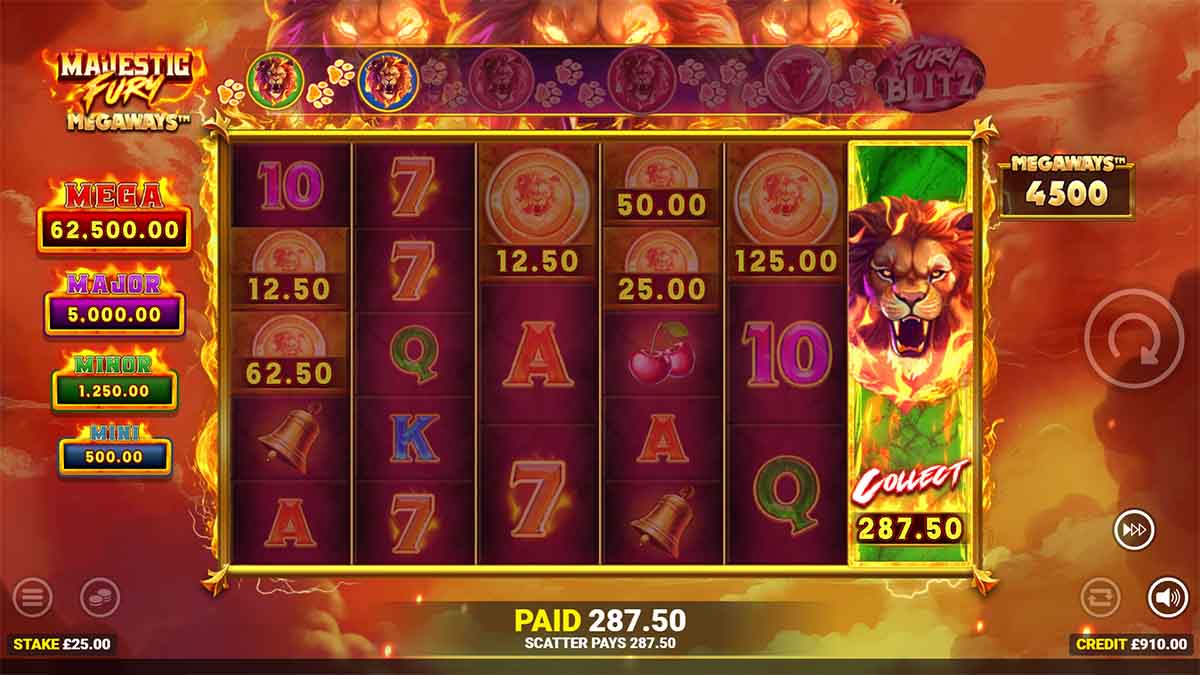 Majestic Fury Megaways slot game by Bluepring Gaming showing Win of 287.50