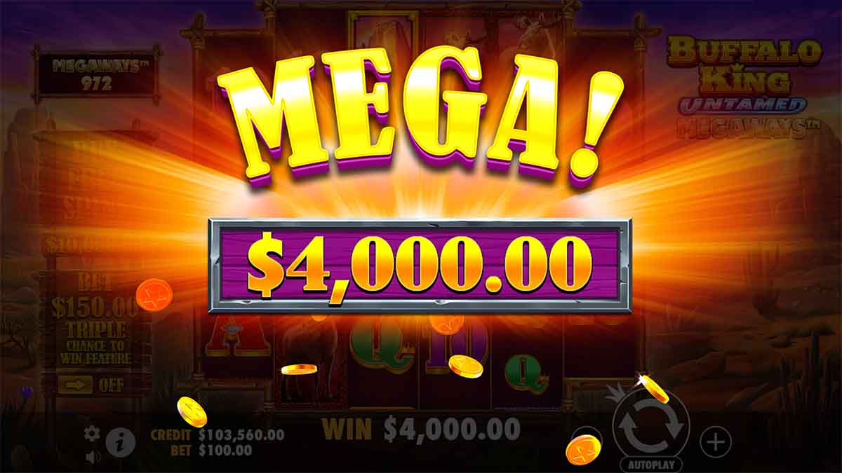 Buffalo King Untamed Megaways slot game by Pragmatic Play, showing Mega Win of 4,000