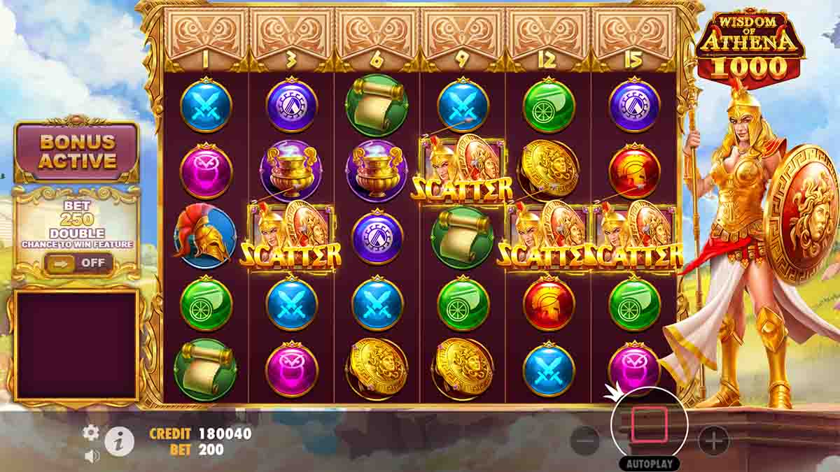 Wisdom of Athena 1000 slot game by Pragmatic Play showing 4 scatter symbols