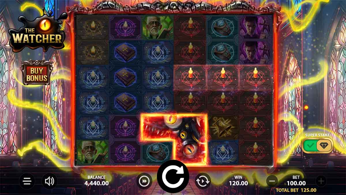 The Watcher slot game by Stakelogic, showing Win of 120,00