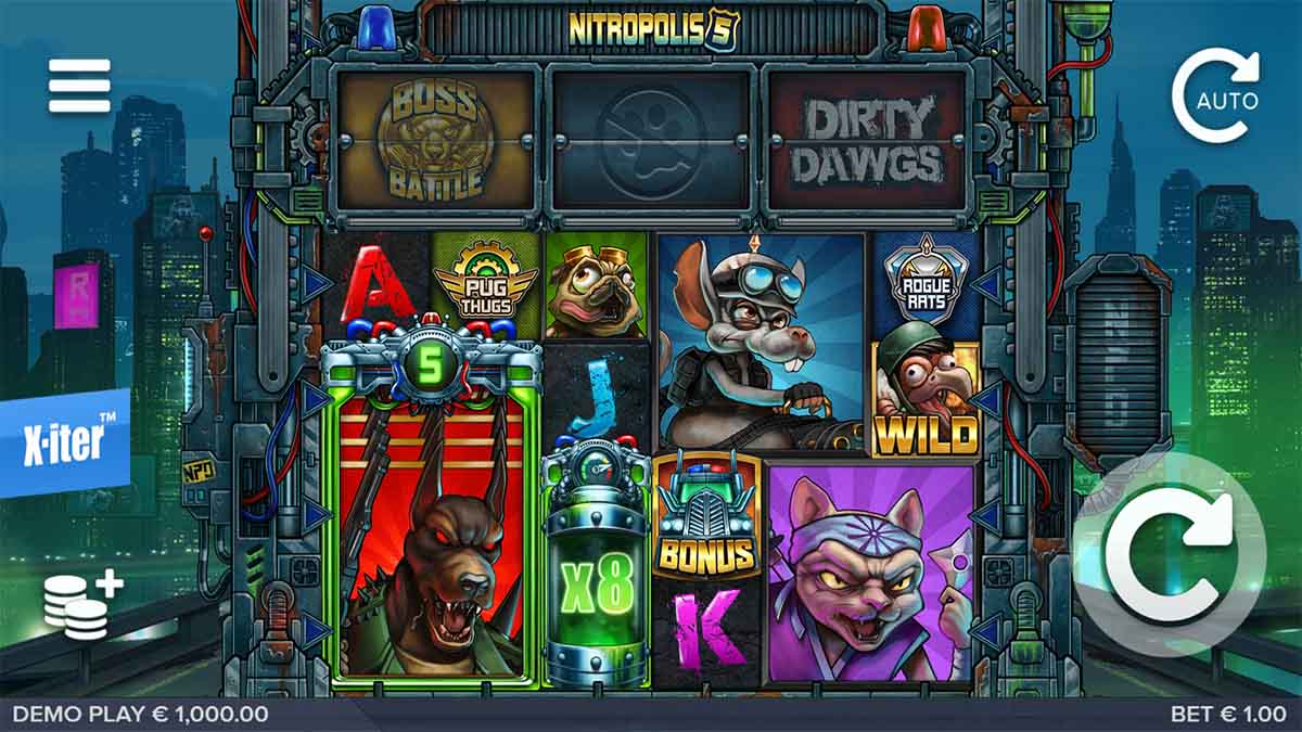 Nitropolis 5 slot game by ELK Studios, Base Game view