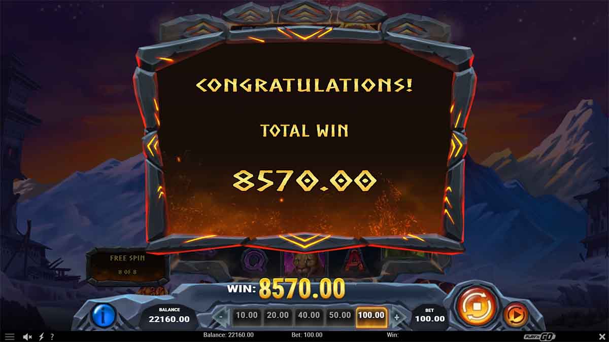 Beasts of Fire Maximum slot game by Playn GO showing Total Win of 8570.00