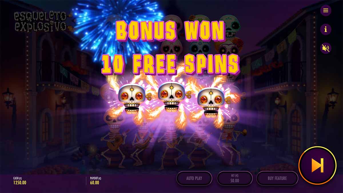 Esqueleto Explosivo 3 slot game by Thunderkick showing win of 10 free spins