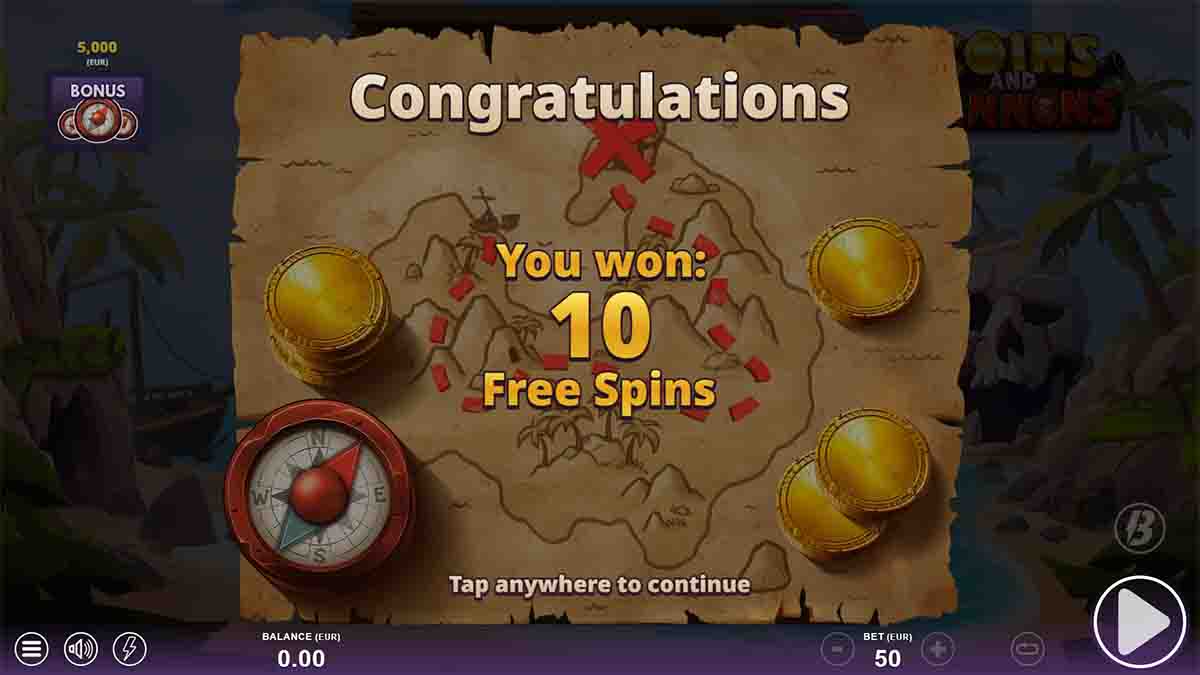 Coins and Cannons slot game by Slotmill featuring 10 free spins