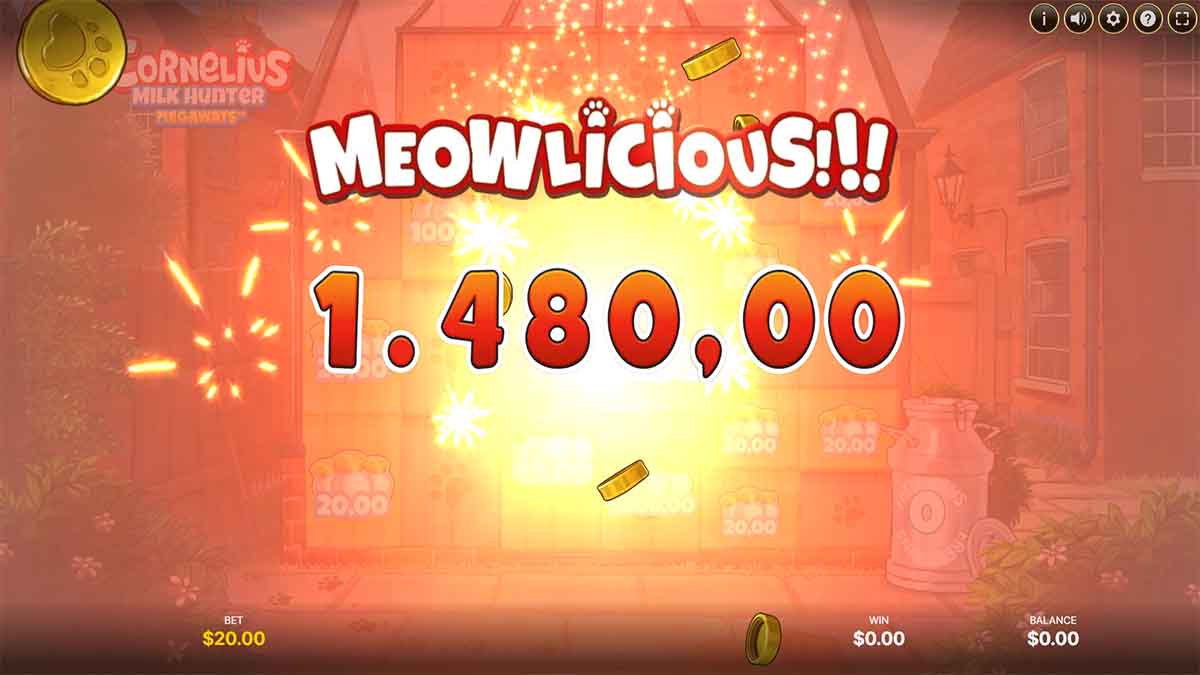 Cornelius Milk Hunter Megaways slot game by NetEnt, showing Total Win of 1,480