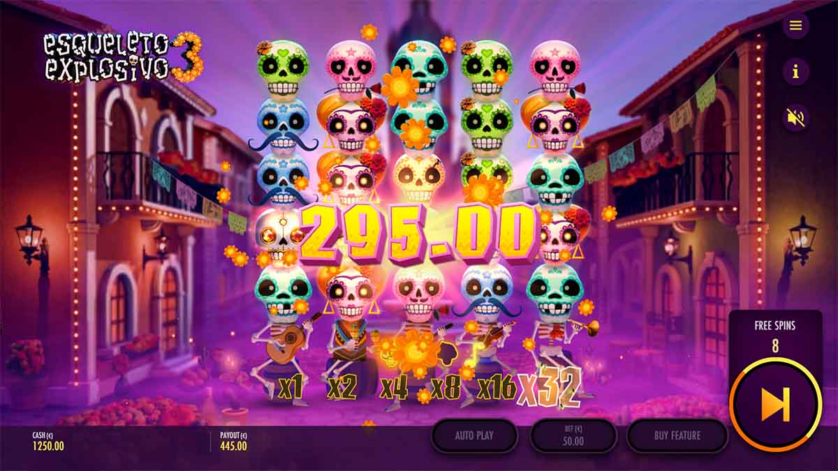 Esqueleto Explosivo 3 slot game by Thunderkick showing win of 295