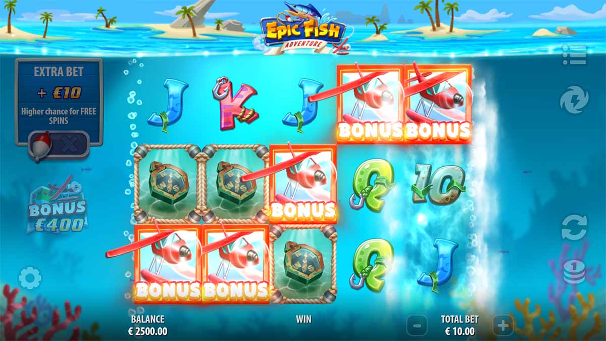 Epic Fish Adventure slot game by Quickspin showing win of bonus with 5 bonus scatters