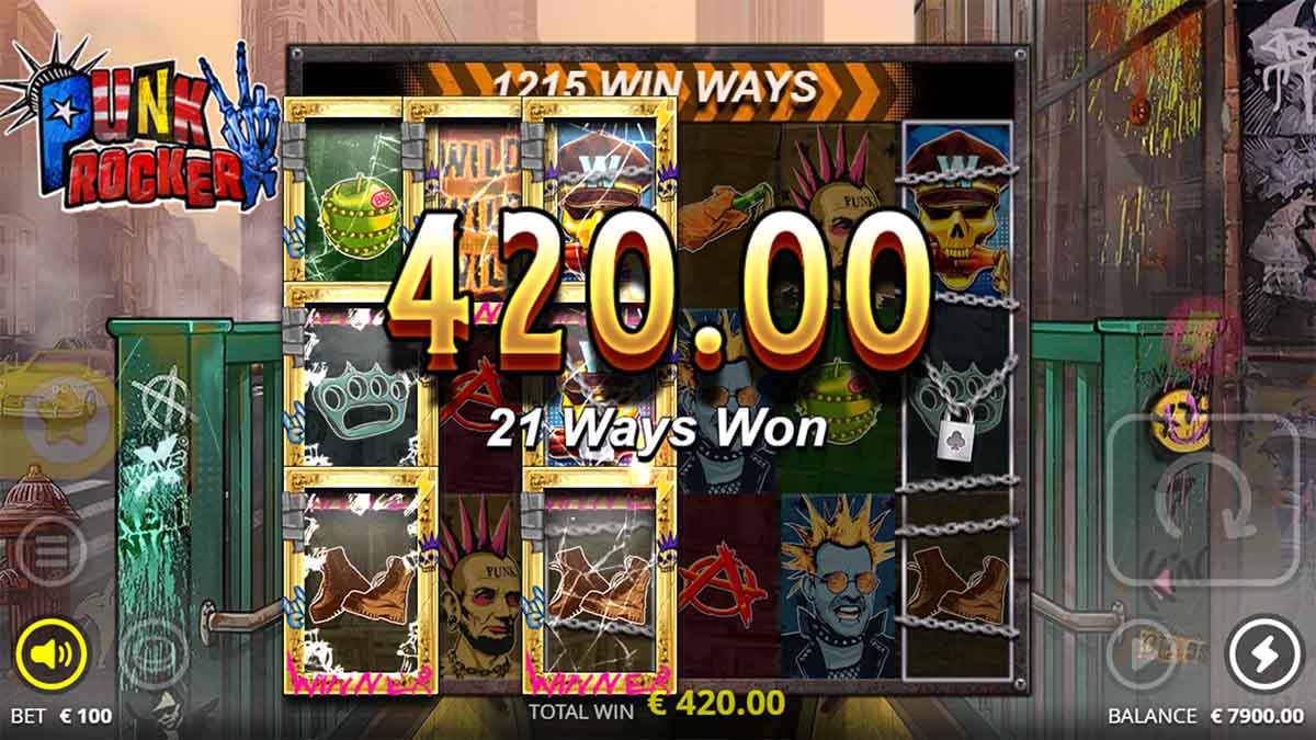 Punk Rocker 2 slot game by Nolimit City, showing Win of 420.00