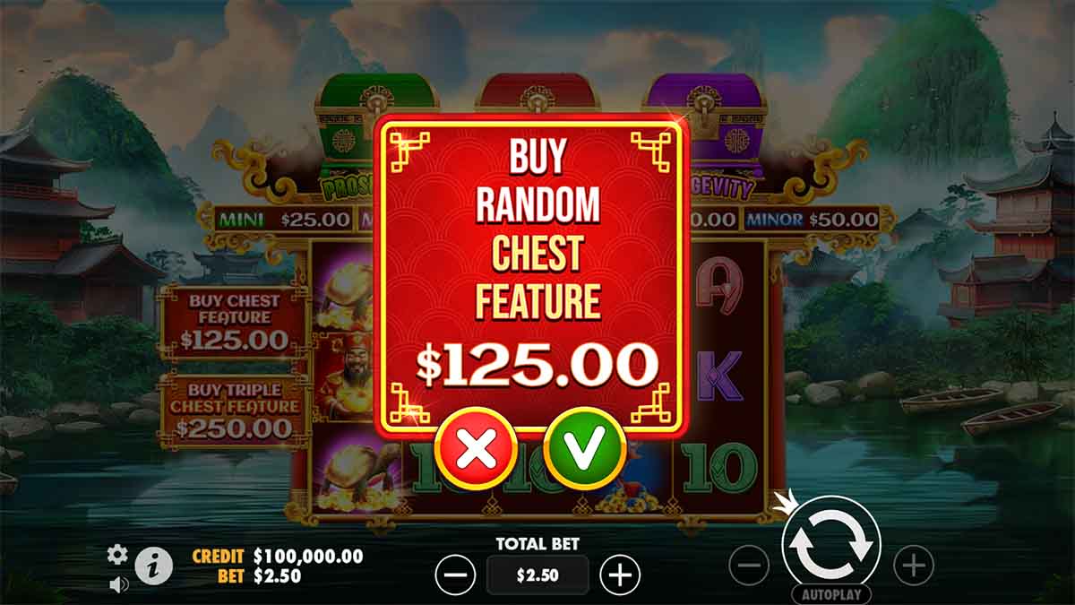 Chests of Cai Shen slot game by Pragmatic Play, featuring Buy Random Chests