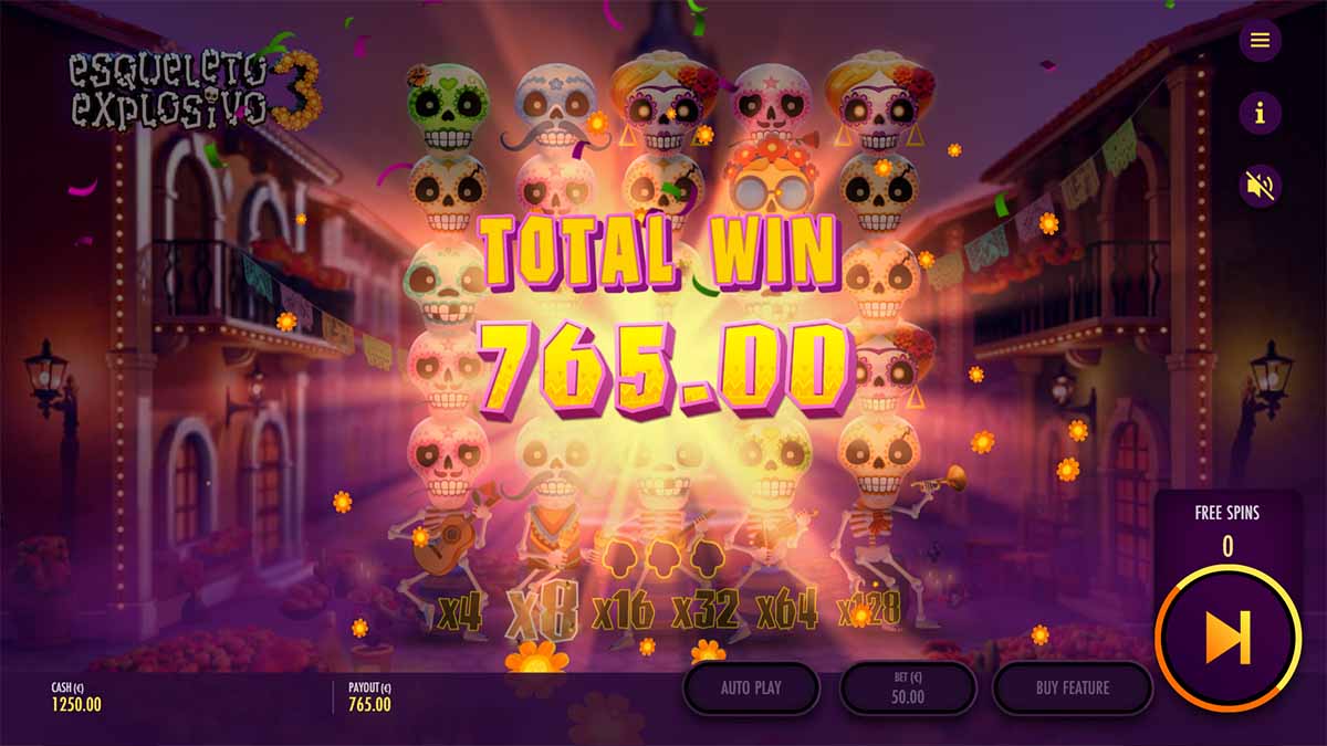 Esqueleto Explosivo 3 slot game by Thunderkick showing total win of 765.00