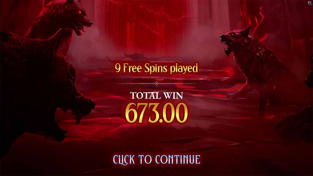 Empress of the Shadows slot game by Bullshark Games showing total win of 673.00