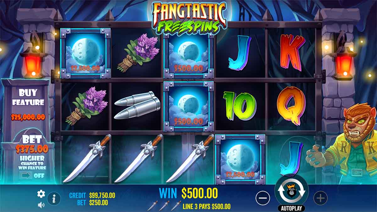 Fangtastic Freespins slot game by Pragmatic Play,  showing Win of 500.00