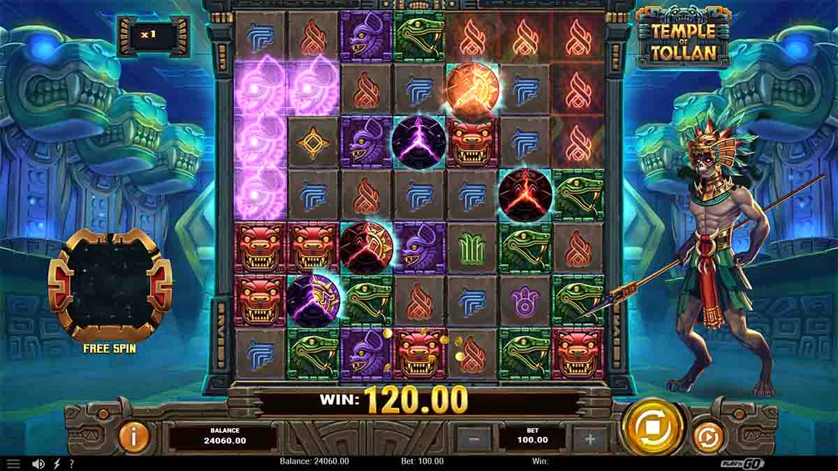 Temple of Tollan slot game by Play'n GO, showing Win of 120.00