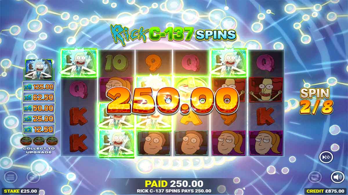 Rick and Morty Strike Back slot game by Blueprint Gaming, showing Win of 250.00 from Free Spins