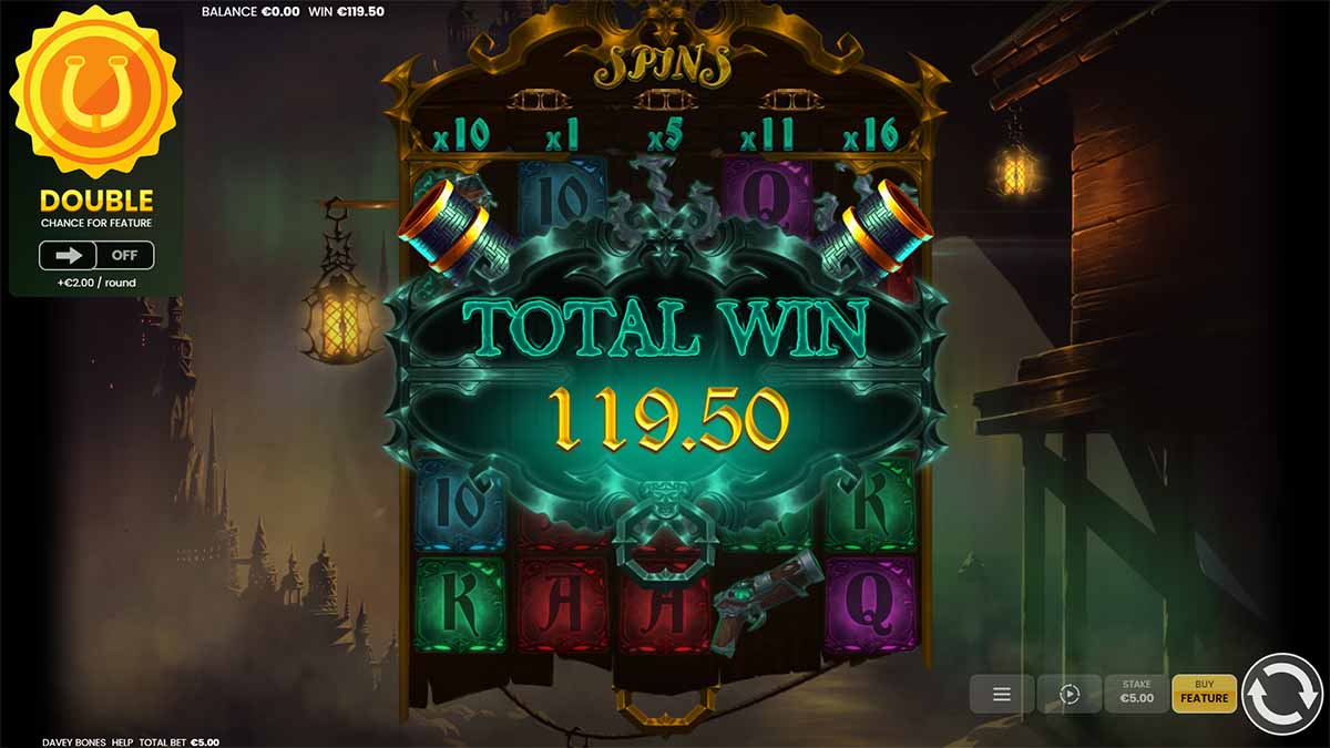 Davey Bones slot game by Octoplay showing Total Win of €119